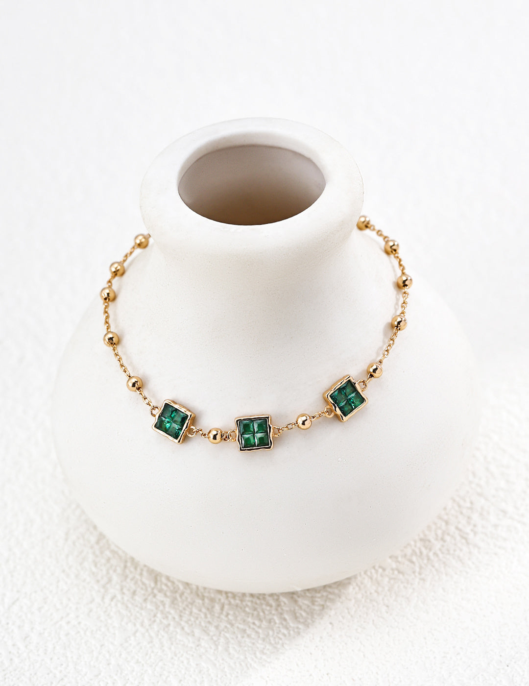 S925 Silver Emerald Green CZ Four-Square Station Satellite Bracelet | Vintage Gold LOJ136