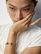 S925 Silver Emerald Green CZ Four-Square Station Satellite Bracelet | Vintage Gold LOJ136