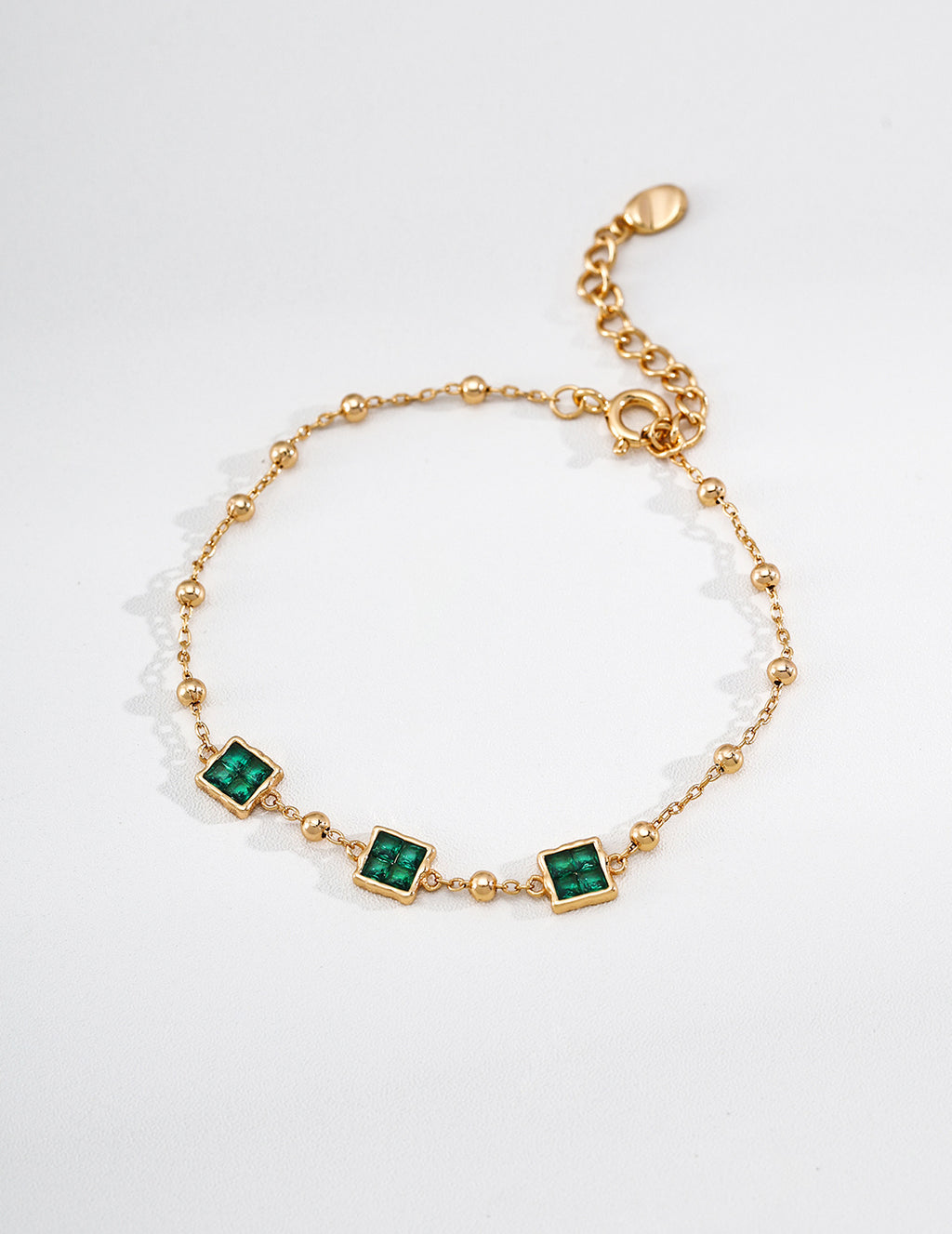 S925 Silver Emerald Green CZ Four-Square Station Satellite Bracelet | Vintage Gold LOJ136