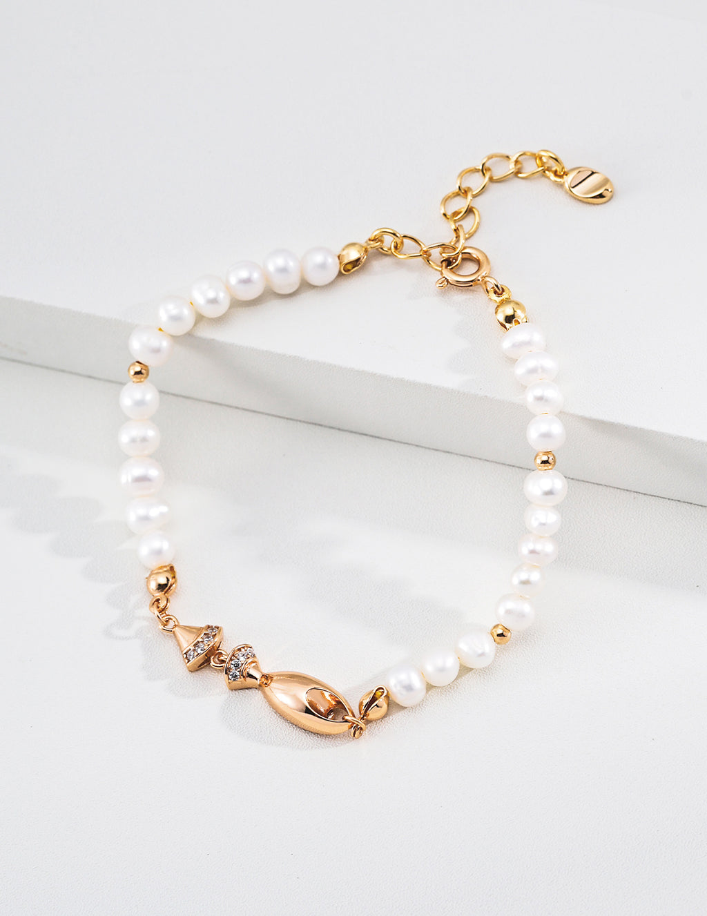 S925 Silver Natural Pearl & CZ Satellite Bracelet with Marquise Center | Vintage Gold & Platinum LOJ161
