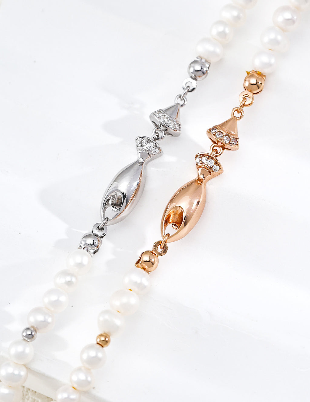 S925 Silver Natural Pearl & CZ Satellite Bracelet with Marquise Center | Vintage Gold & Platinum LOJ161