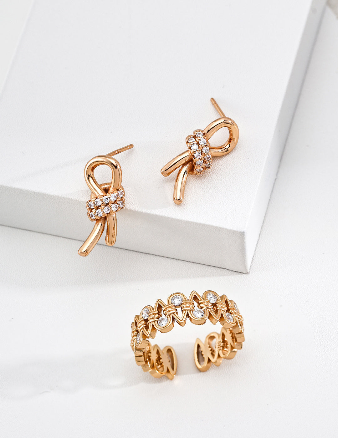 S925 Silver CZ Bow Knot Stud Earrings | Vintage Gold & Platinum LOJ99