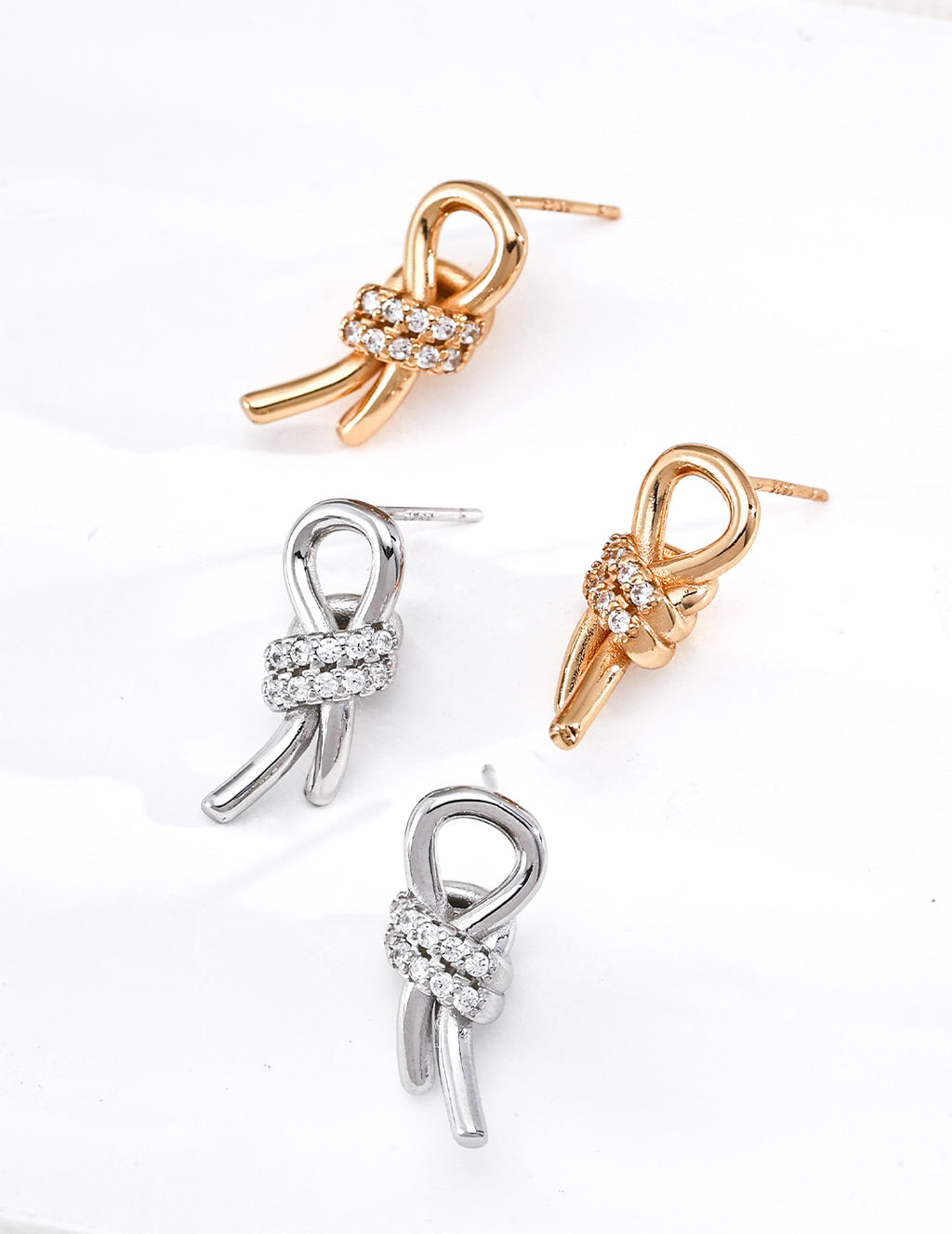 S925 Silver CZ Bow Knot Stud Earrings | Vintage Gold & Platinum LOJ99