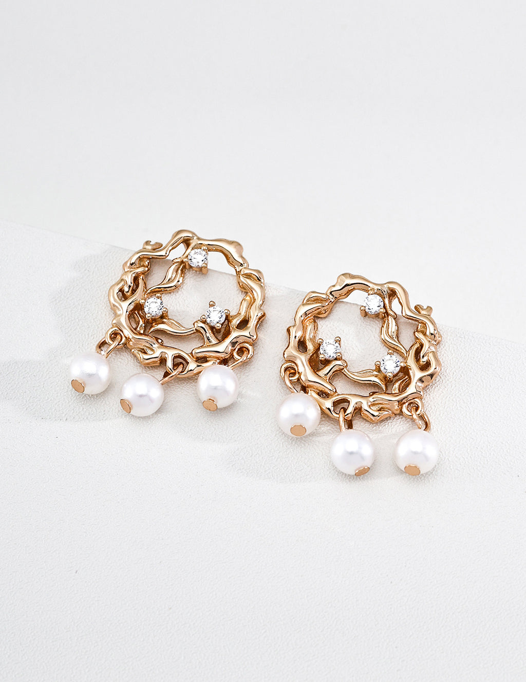 S925 Silver Branch Flow Natural Pearl & CZ Wreath Stud Earrings | Vintage Gold LOJ118