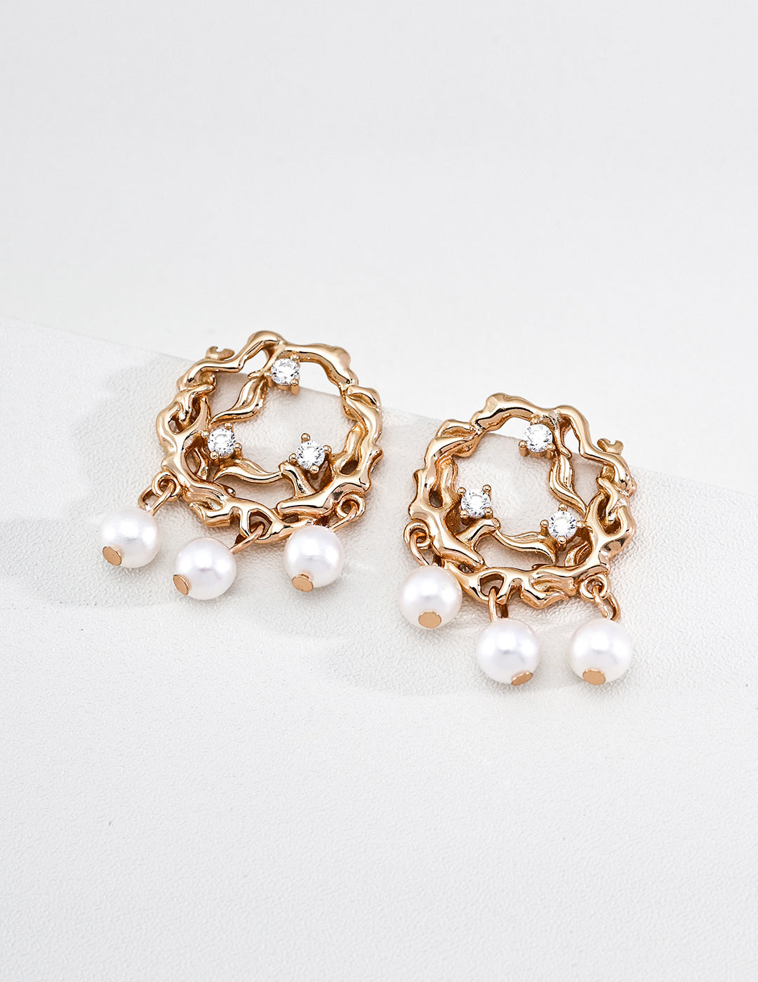 S925 Silver Branch Flow Natural Pearl & CZ Wreath Stud Earrings | Vintage Gold LOJ118
