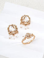 S925 Silver Branch Flow Natural Pearl & CZ Wreath Stud Earrings | Vintage Gold LOJ118