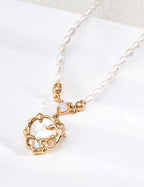 S925 Silver Natural Pearl & Opal Lava Coin Pendant Necklace | Vintage Gold LOJ101