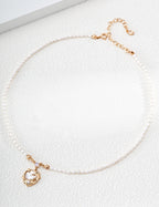 S925 Silver Natural Pearl & Opal Lava Coin Pendant Necklace | Vintage Gold LOJ101