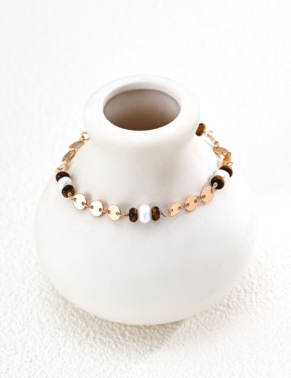 S925 Silver Tiger's Eye & Natural Pearl Coin Disc Chain Bracelet | Vintage Gold LOJ115