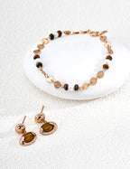 S925 Silver Tiger's Eye & Natural Pearl Coin Disc Chain Bracelet | Vintage Gold LOJ115