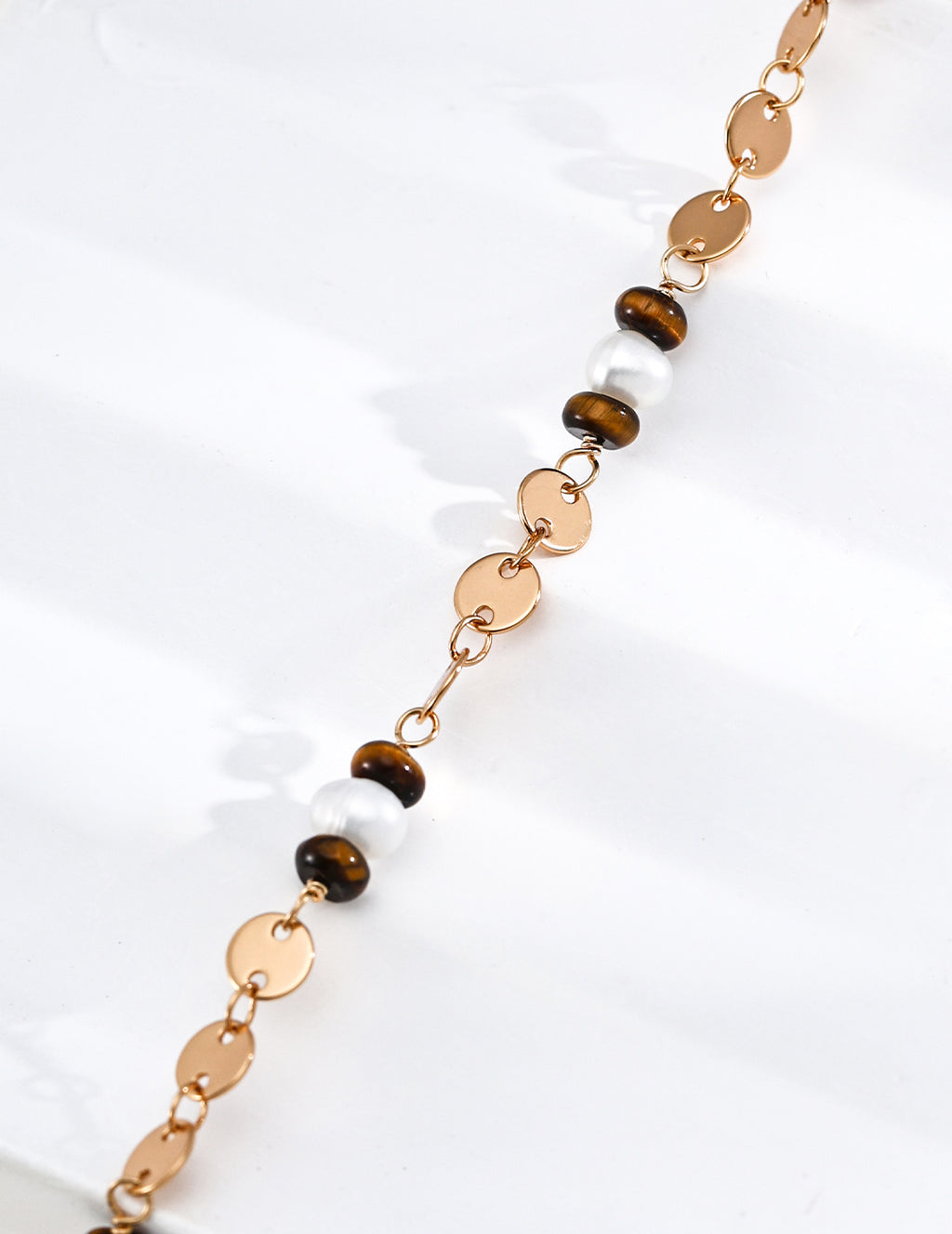 S925 Silver Tiger's Eye & Natural Pearl Coin Disc Chain Bracelet | Vintage Gold LOJ115