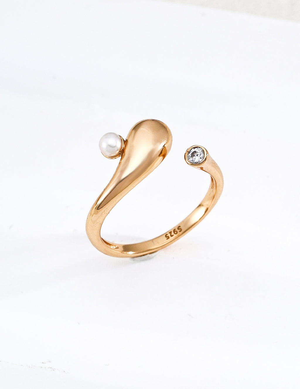 S925 Silver Raindrop Pearl & CZ Asymmetric Open Ring | Vintage Gold & Platinum LOJ121