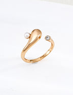 S925 Silver Raindrop Pearl & CZ Asymmetric Open Ring | Vintage Gold & Platinum LOJ121