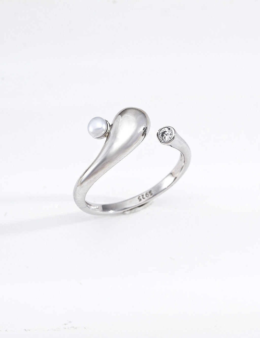 S925 Silver Raindrop Pearl & CZ Asymmetric Open Ring | Vintage Gold & Platinum LOJ121