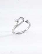 S925 Silver Raindrop Pearl & CZ Asymmetric Open Ring | Vintage Gold & Platinum LOJ121
