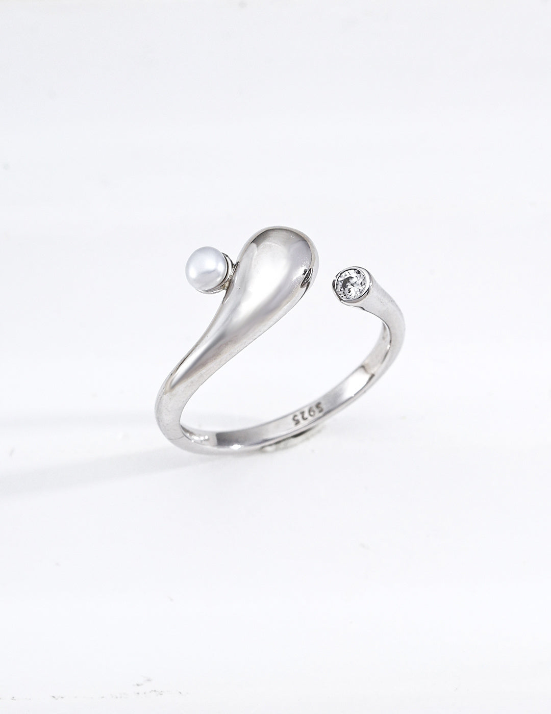 S925 Silver Raindrop Pearl & CZ Asymmetric Open Ring | Vintage Gold & Platinum LOJ121