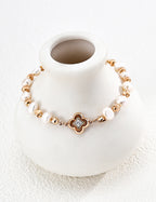 S925 Silver Natural Baroque Pearl & CZ Clover Charm Bracelet | Vintage Gold LOJ106
