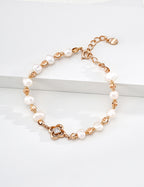 S925 Silver Natural Baroque Pearl & CZ Clover Charm Bracelet | Vintage Gold LOJ106