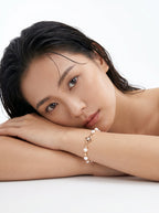 S925 Silver Natural Baroque Pearl & CZ Clover Charm Bracelet | Vintage Gold LOJ106