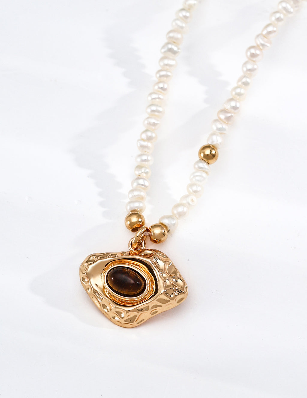 S925 Silver Natural Pearl & Tiger's Eye Stone Vintage Pendant Necklace | Vintage Gold LOJ105