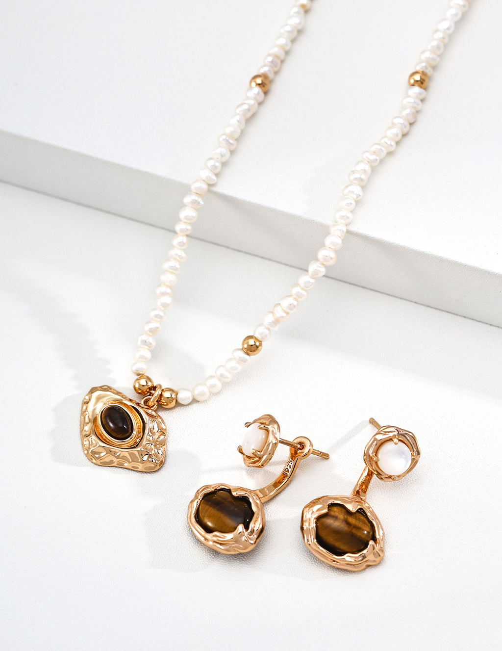 S925 Silver Natural Pearl & Tiger's Eye Stone Vintage Pendant Necklace | Vintage Gold LOJ105