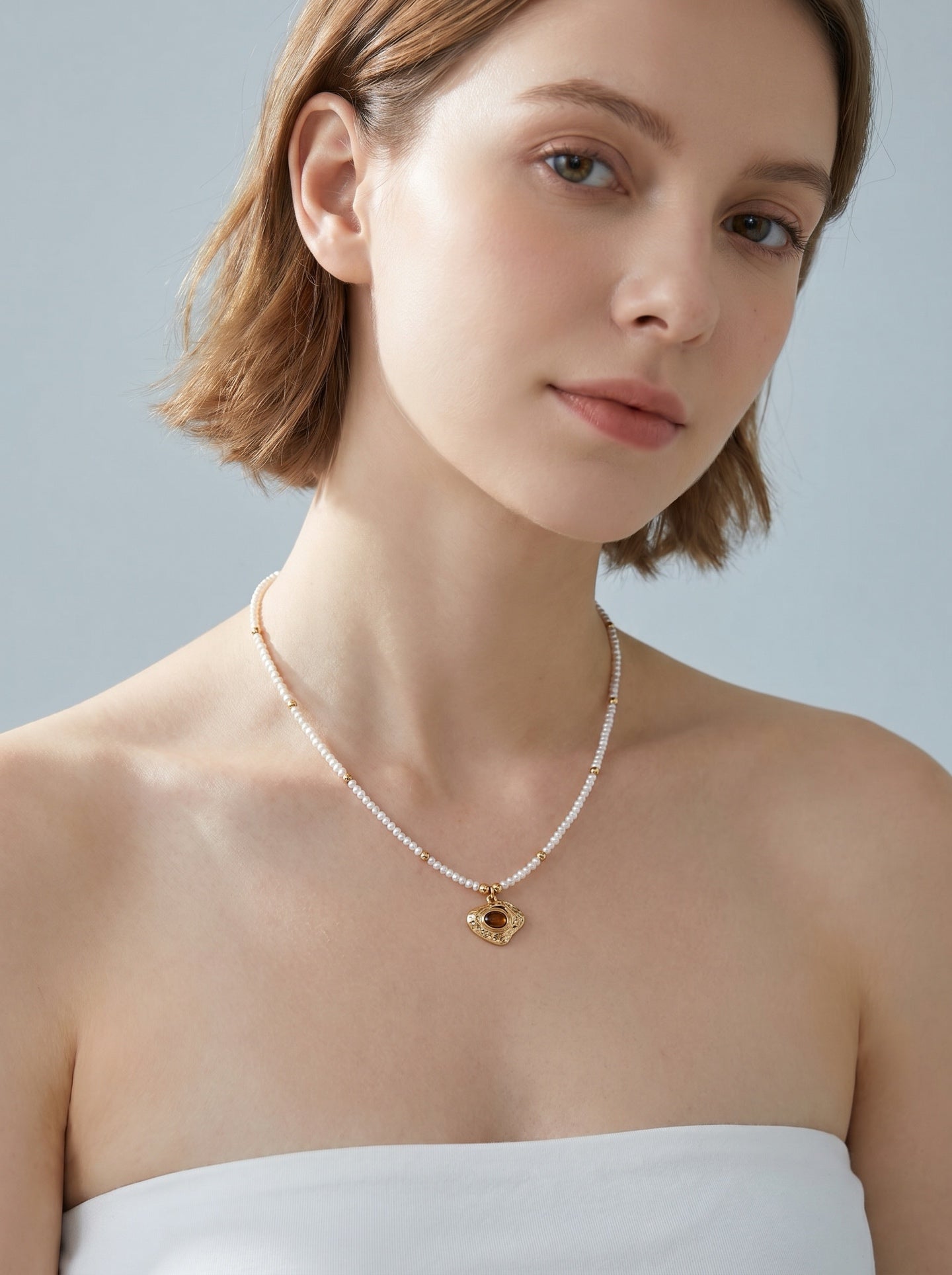 S925 Silver Natural Pearl & Tiger's Eye Stone Vintage Pendant Necklace | Vintage Gold LOJ105