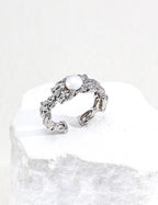 S925 Silver Hand-Carved Lava Natural Pearl Open Ring | Vintage Gold & Platinum LOJ119