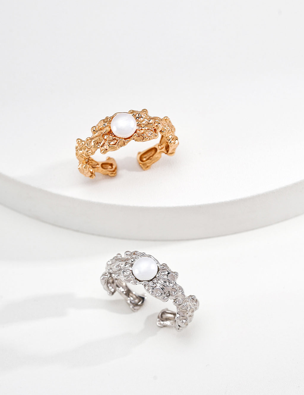 S925 Silver Hand-Carved Lava Natural Pearl Open Ring | Vintage Gold & Platinum LOJ119
