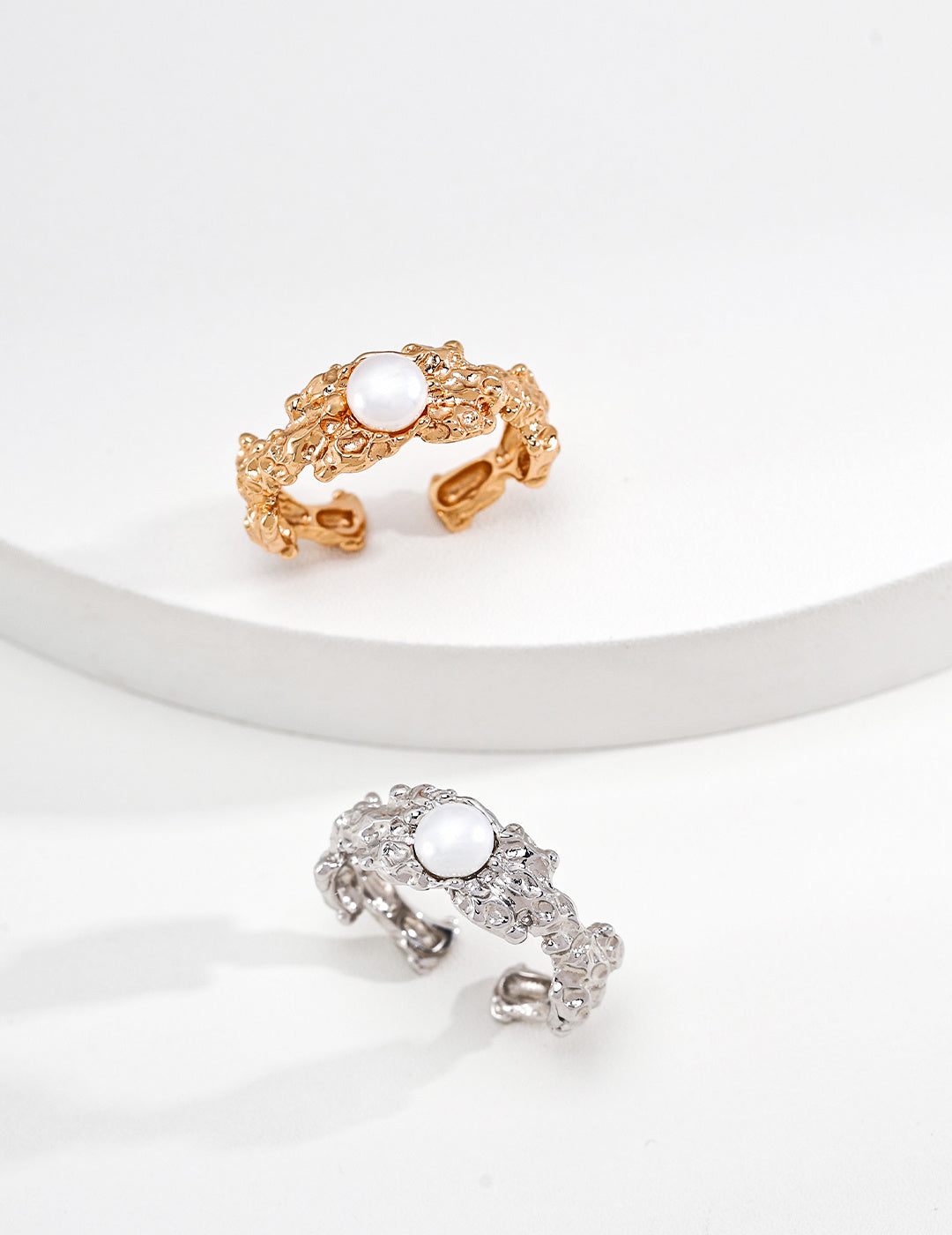 S925 Silver Hand-Carved Lava Natural Pearl Open Ring | Vintage Gold & Platinum LOJ119