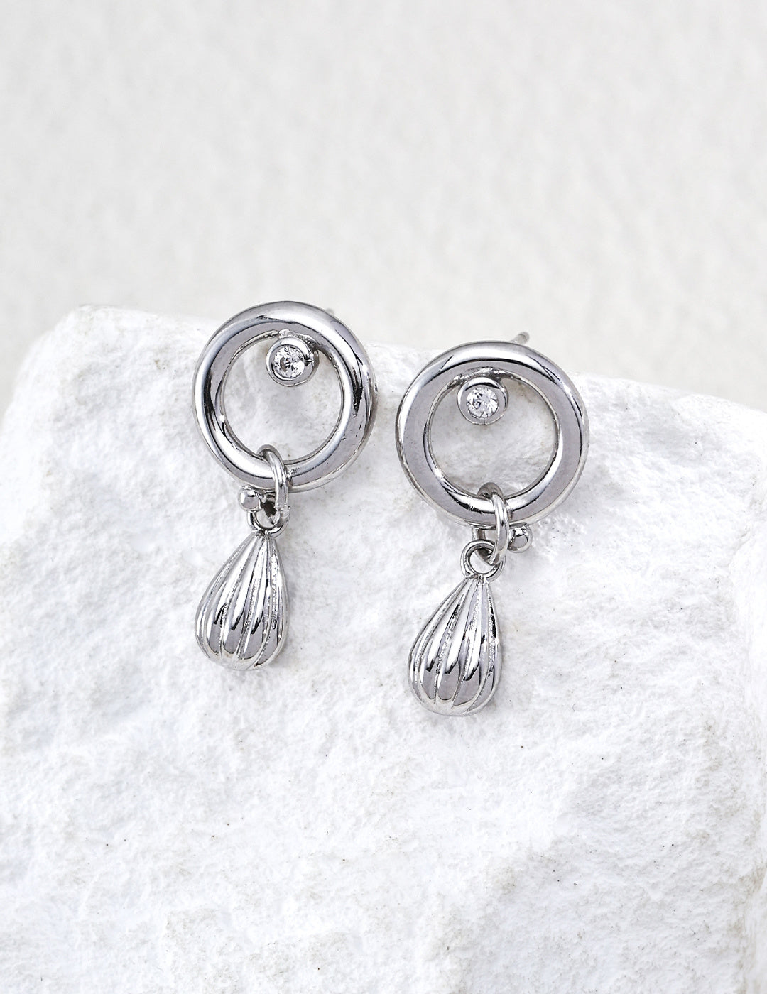 S925 Silver Sonata CZ Open Circle & Ribbed Teardrop Drop Earrings LOJ116