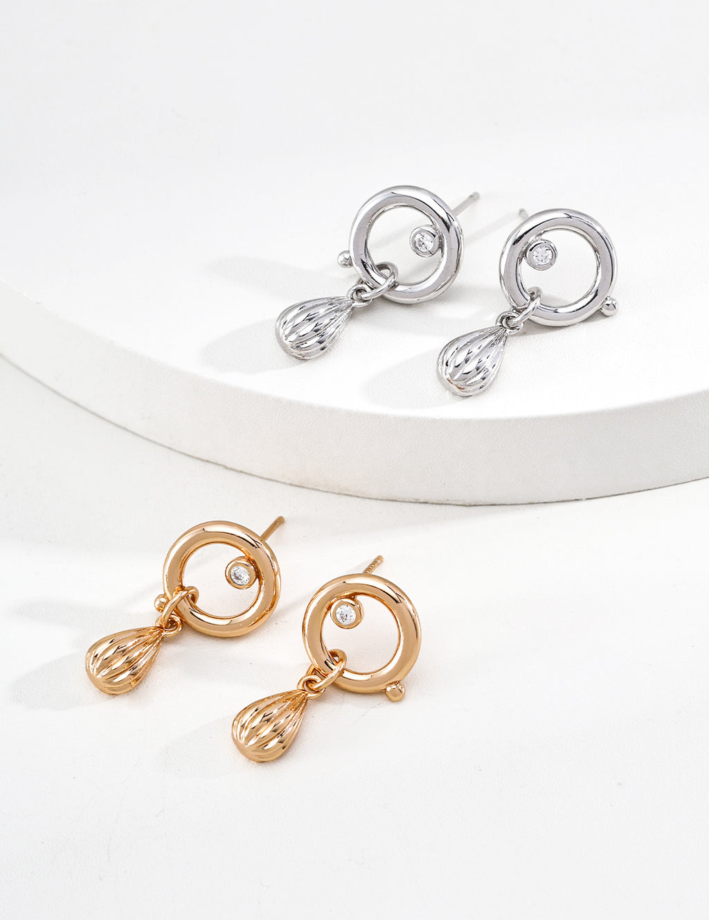 S925 Silver Sonata CZ Open Circle & Ribbed Teardrop Drop Earrings LOJ116