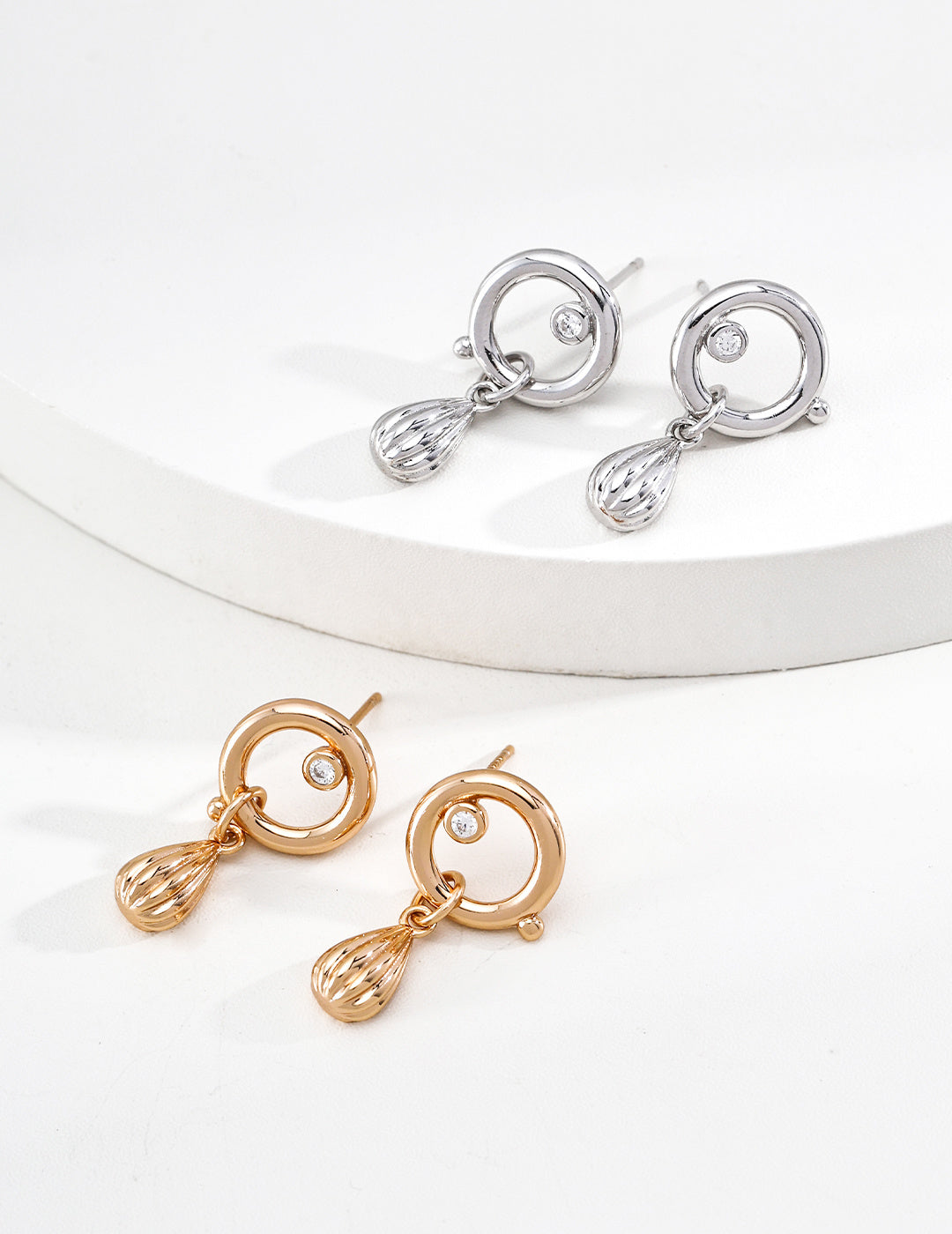 S925 Silver Sonata CZ Open Circle & Ribbed Teardrop Drop Earrings LOJ116