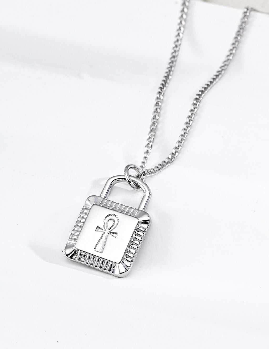S925 Silver Ankh Cross Padlock Pendant Box Chain Necklace | Vintage Gold & Platinum LOJ157