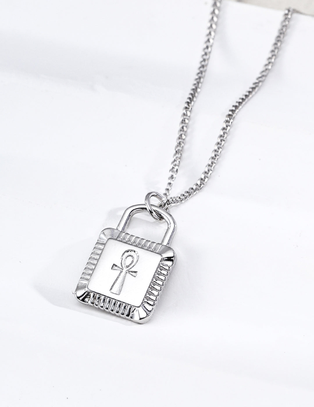 S925 Silver Ankh Cross Padlock Pendant Box Chain Necklace | Vintage Gold & Platinum LOJ157