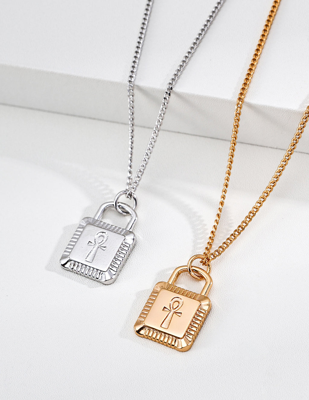 S925 Silver Ankh Cross Padlock Pendant Box Chain Necklace | Vintage Gold & Platinum LOJ157