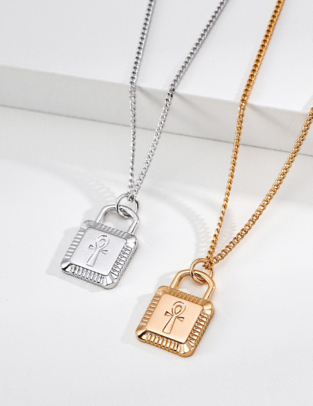 S925 Silver Ankh Cross Padlock Pendant Box Chain Necklace | Vintage Gold & Platinum LOJ157