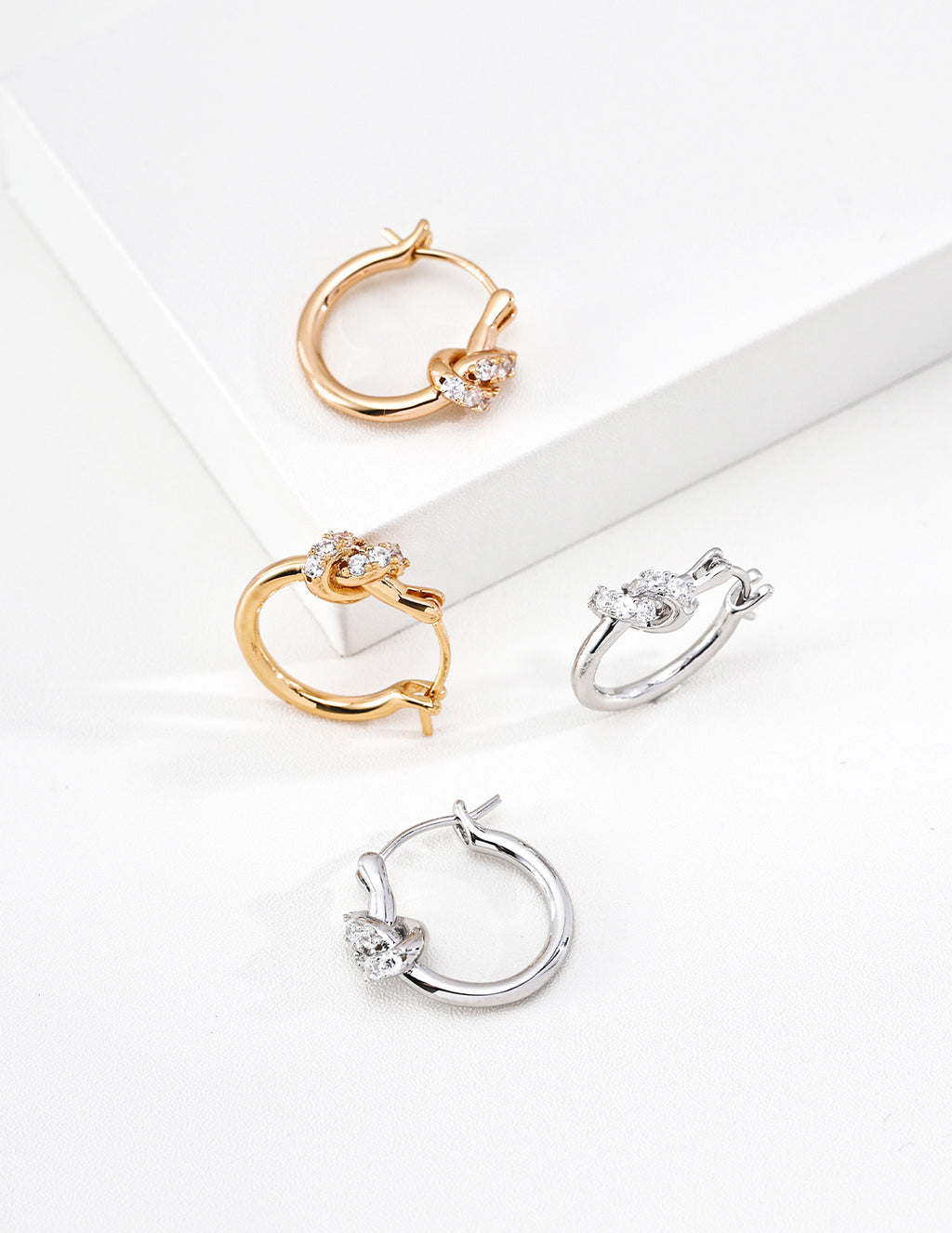 S925 Silver Lucky Knot CZ Pavé Hoop Earrings | Vintage Gold & Platinum LOJ132