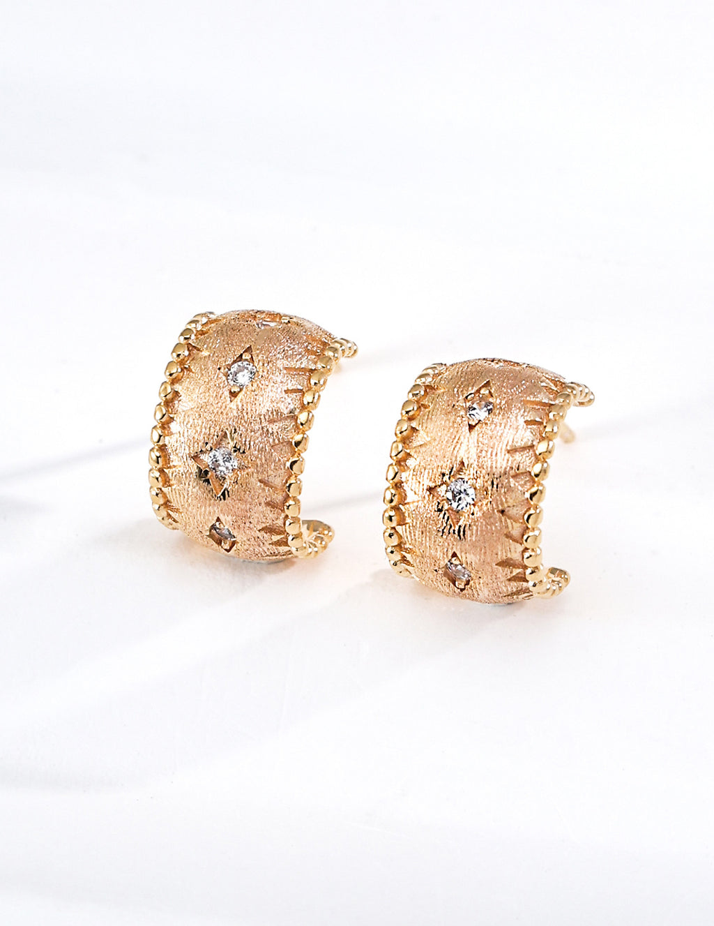 S925 Silver Vintage Silk Satin CZ Star Huggie Hoop Earrings | Vintage Gold & Platinum LOJ134