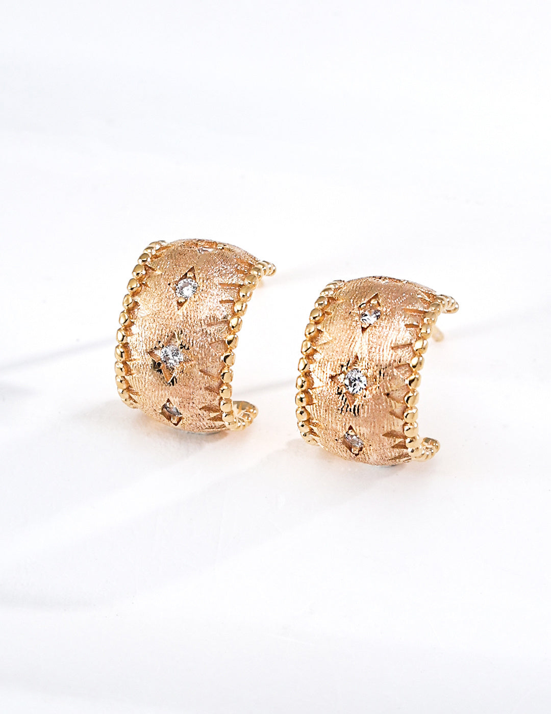 S925 Silver Vintage Silk Satin CZ Star Huggie Hoop Earrings | Vintage Gold & Platinum LOJ134