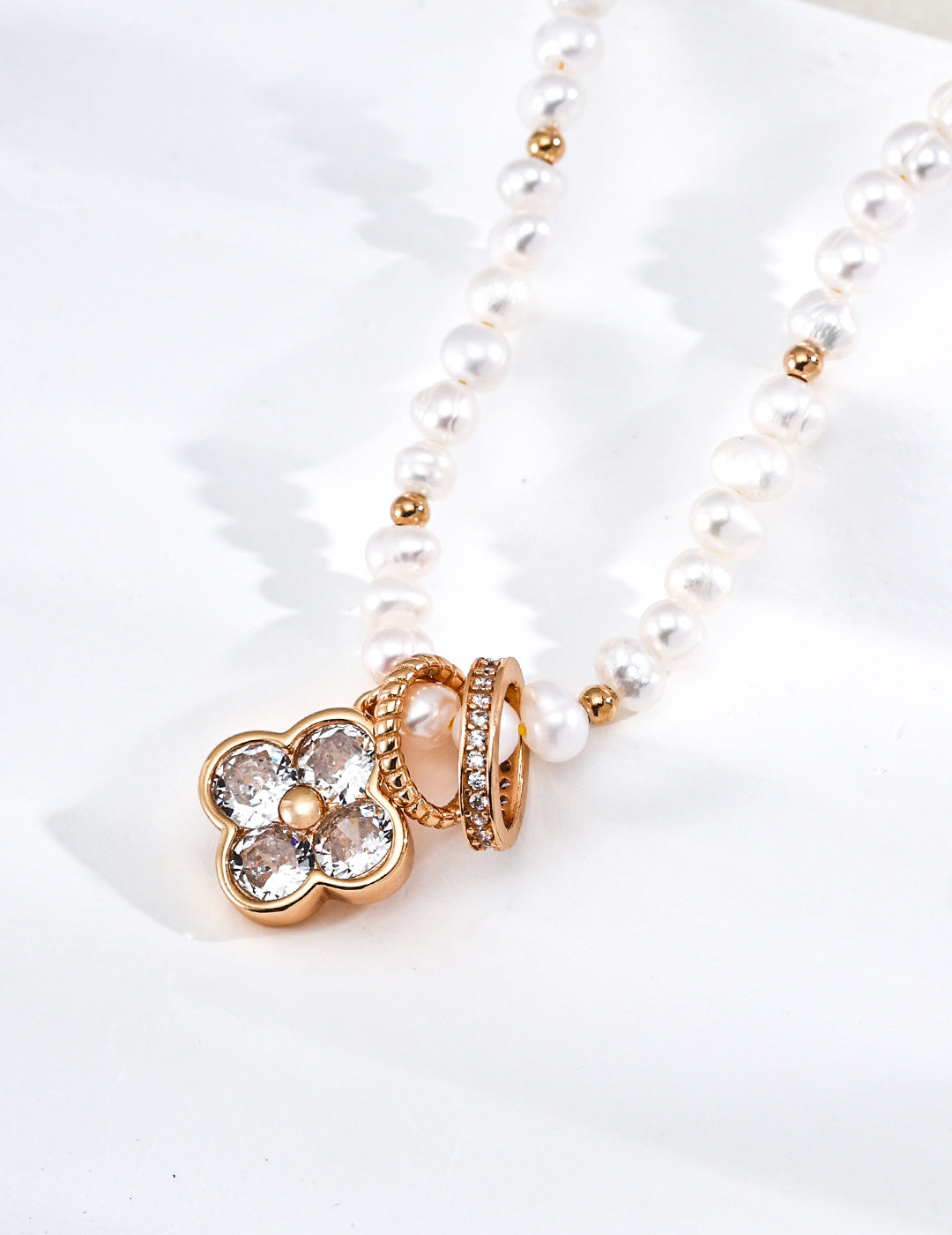 S925 Silver Natural Pearl & Shoushan Stone CZ Flower Necklace LOJ92