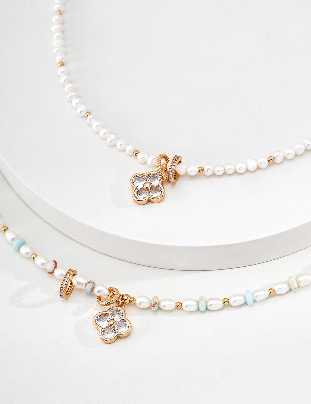 S925 Silver Natural Pearl & Shoushan Stone CZ Flower Necklace LOJ92