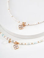 S925 Silver Natural Pearl & Shoushan Stone CZ Flower Necklace LOJ92