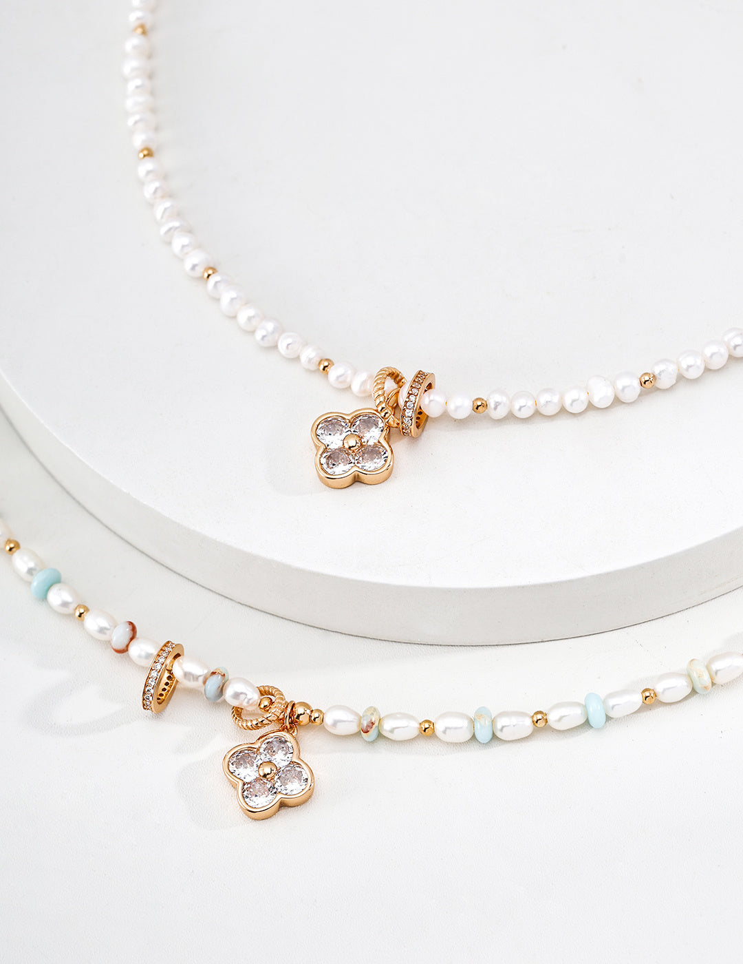 S925 Silver Natural Pearl & Shoushan Stone CZ Flower Necklace LOJ92