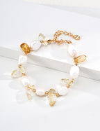 S925 Silver Natural Pearl and Crystal Bracelet in Vintage Gold