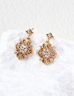 S925 Silver Baroque Court Filigree CZ Star & Floral Drop Earrings | Vintage Gold & Platinum LOJ130