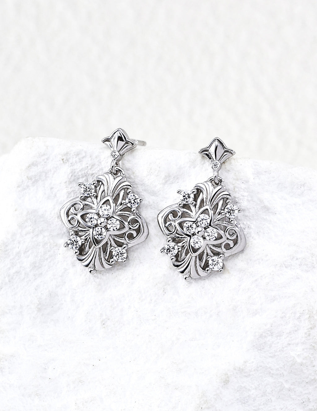 S925 Silver Baroque Court Filigree CZ Star & Floral Drop Earrings | Vintage Gold & Platinum LOJ130