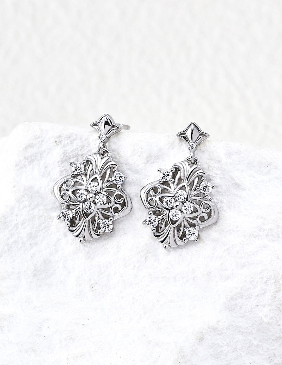 S925 Silver Baroque Court Filigree CZ Star & Floral Drop Earrings | Vintage Gold & Platinum LOJ130