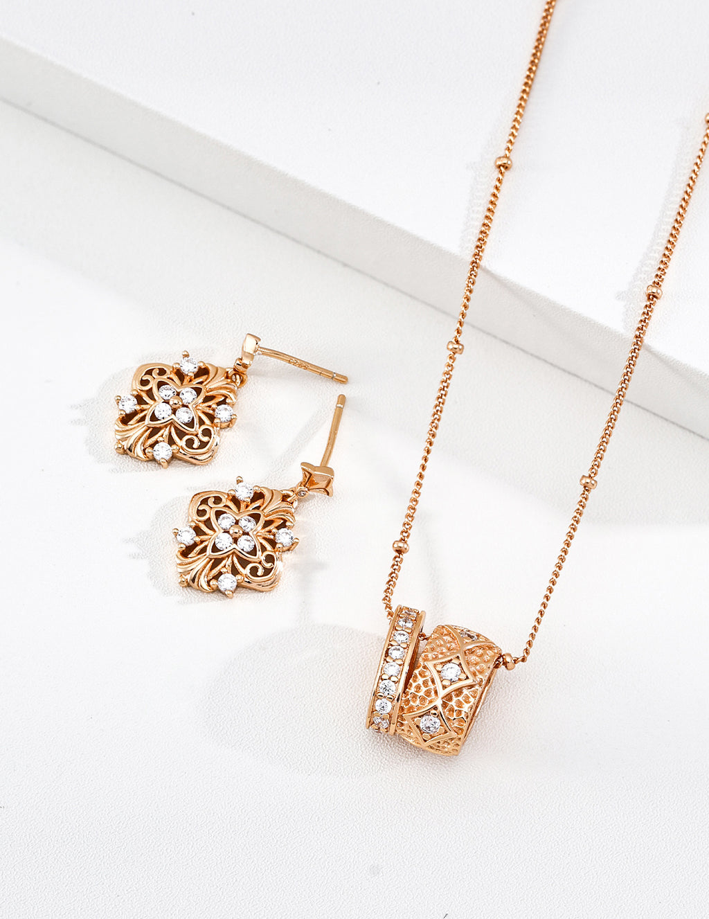 S925 Silver Baroque Court Filigree CZ Star & Floral Drop Earrings | Vintage Gold & Platinum LOJ130