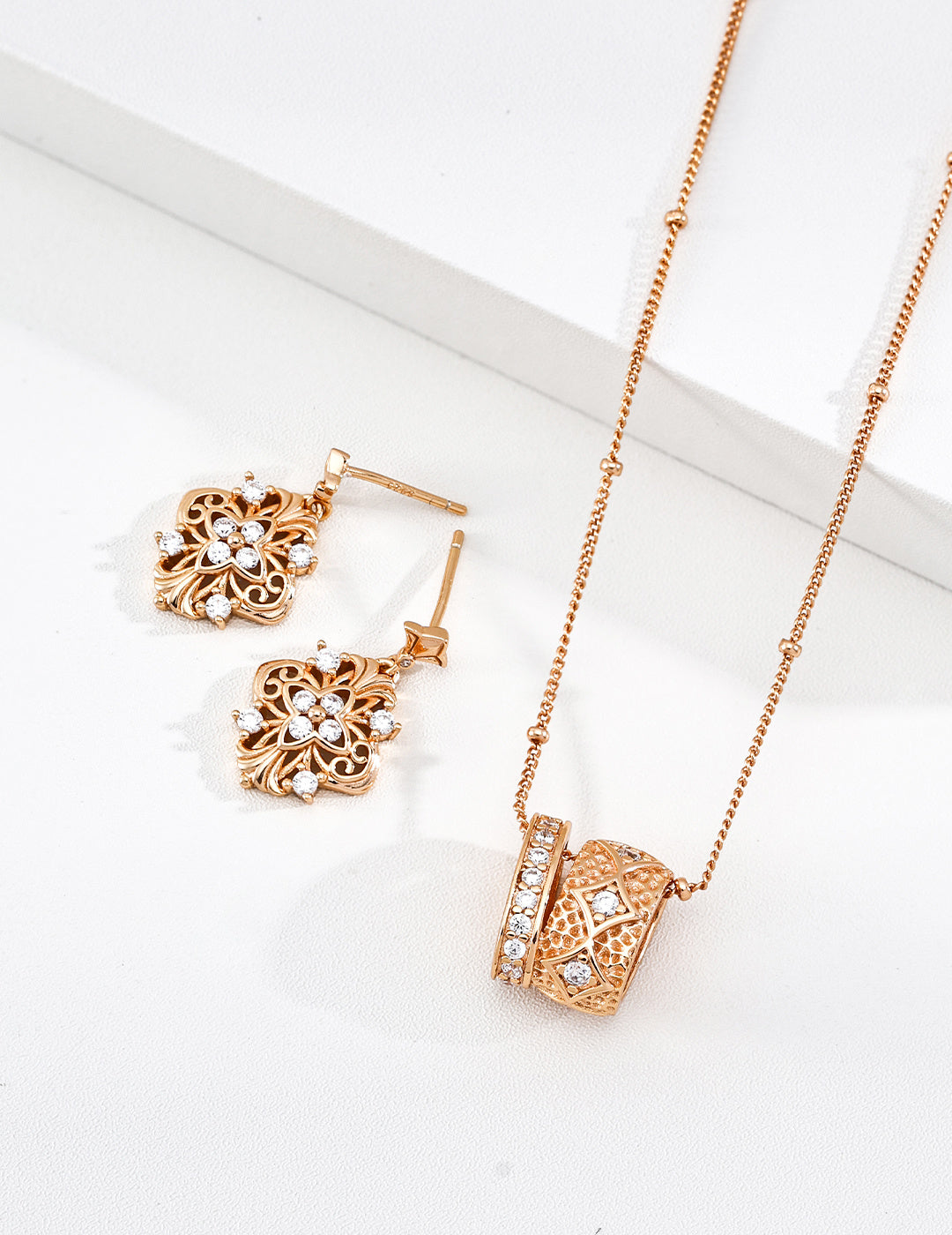 S925 Silver Baroque Court Filigree CZ Star & Floral Drop Earrings | Vintage Gold & Platinum LOJ130
