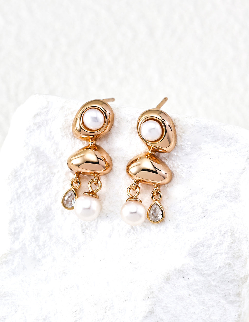 S925 Silver Golden Dew Drop Pearl & CZ Three-Tier Drop Earrings | Vintage Gold & Platinum LOJ142